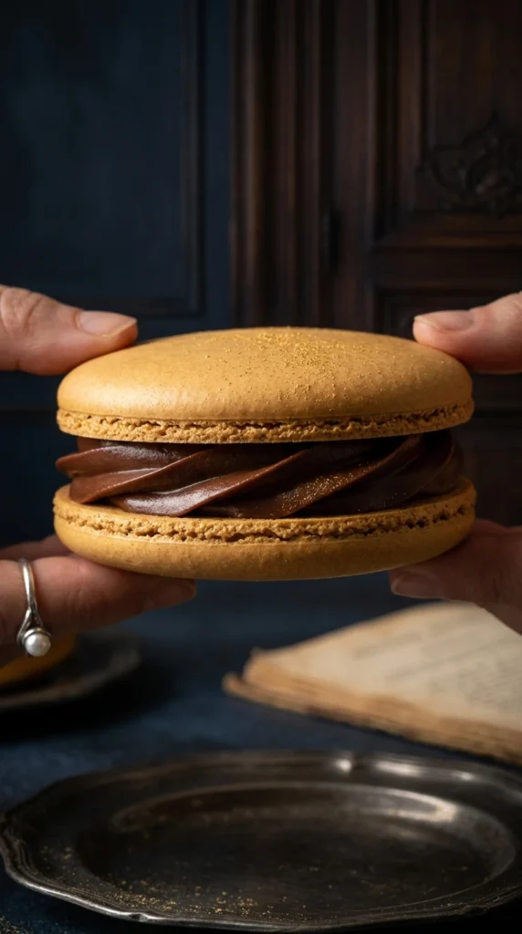 Primer plano de la unión de dos conchas de macaron con ganache de chocolate cremoso y polvo de oro, proceso artesanal de la Maison Lefebvre