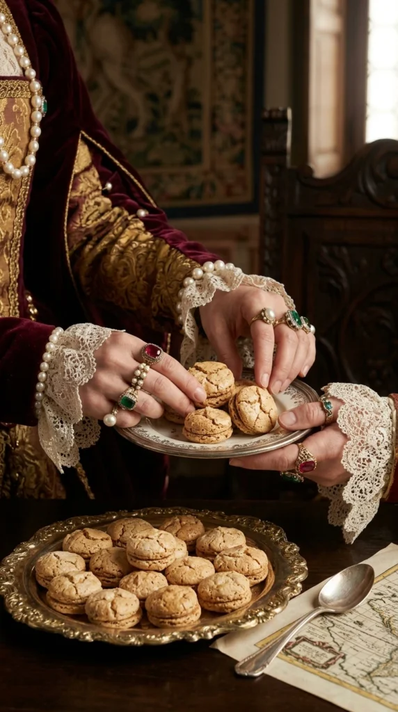 Manos de la reina Catalina de Médici con joyas de lujo sosteniendo macarons rústicos históricos de la Maison Lefebvre
