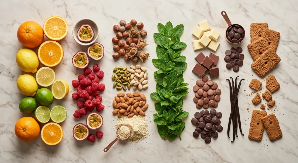 Vista superior de ingredientes frescos: cítricos, chocolate, frutos secos y vainilla organizados sobre mármol beige