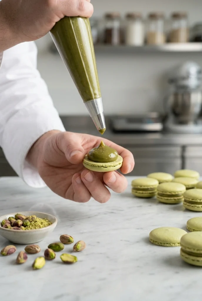 Chef pastelero Maison Lefebvre rellenando artesanalmente un macaron de pistacho en Barcelona