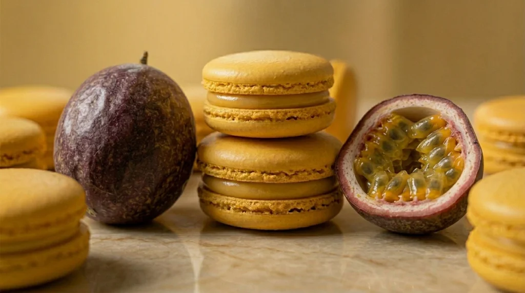 Primer plano de macarons artesanales de fruta de la pasión sobre una superficie de mármol beige con frutas naturales